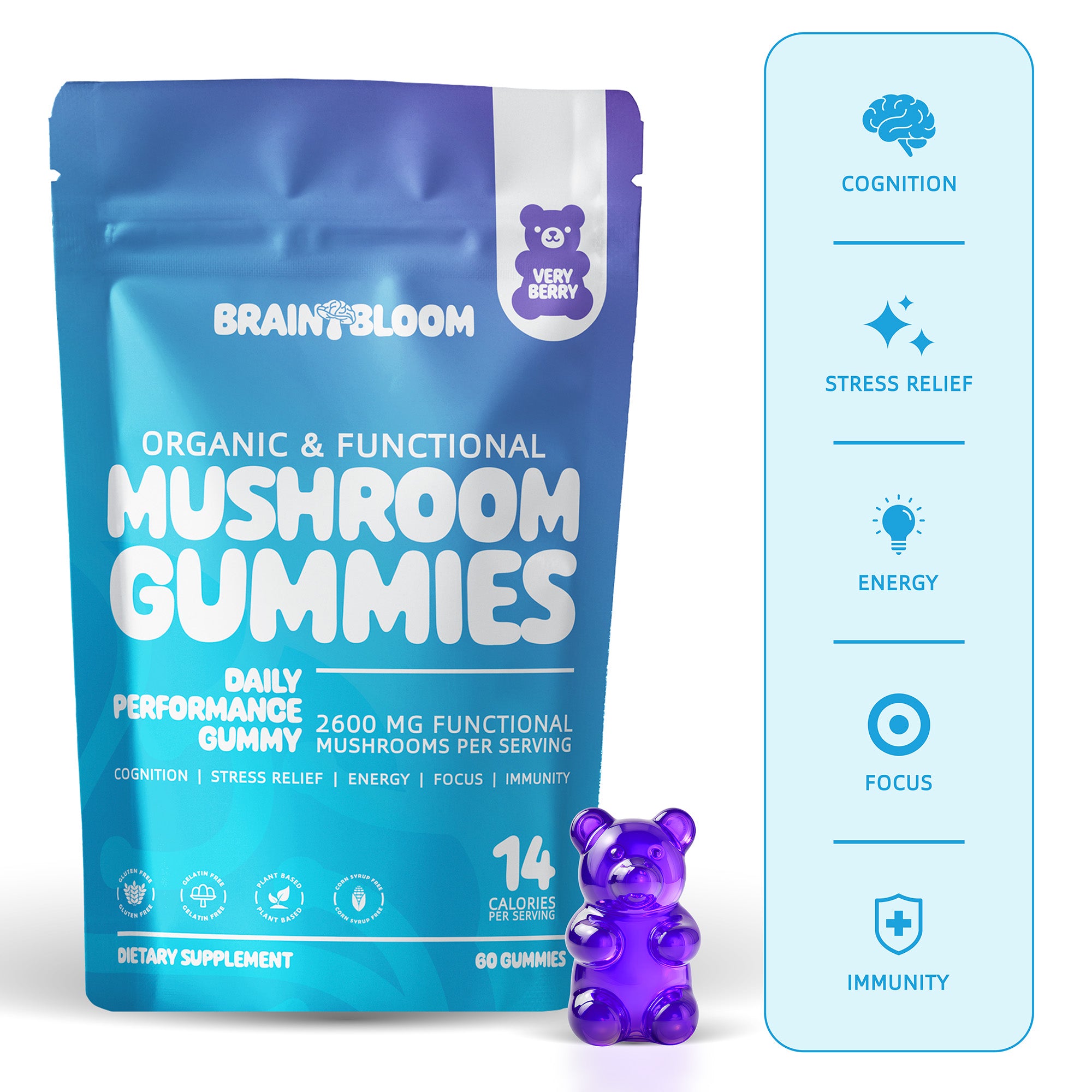 BrainBloom Daily Performance Mushroom Gummies – Very Berry